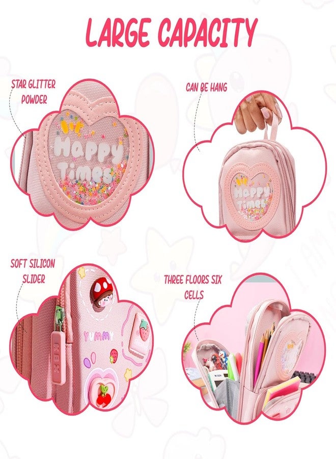 SKYWORK حقيبة مدرسية قماشية من سكاي وورك، حافظة أقلام، 3 طبقات و6 أقسام، سعة كبيرة، حقيبة أقلام أنيقة للأدوات المكتبية، أدوات مكتبية لطيفة للأطفال، حافظة أقلام للبنات والأولاد، هدية للأطفال (وردي) - Image 4